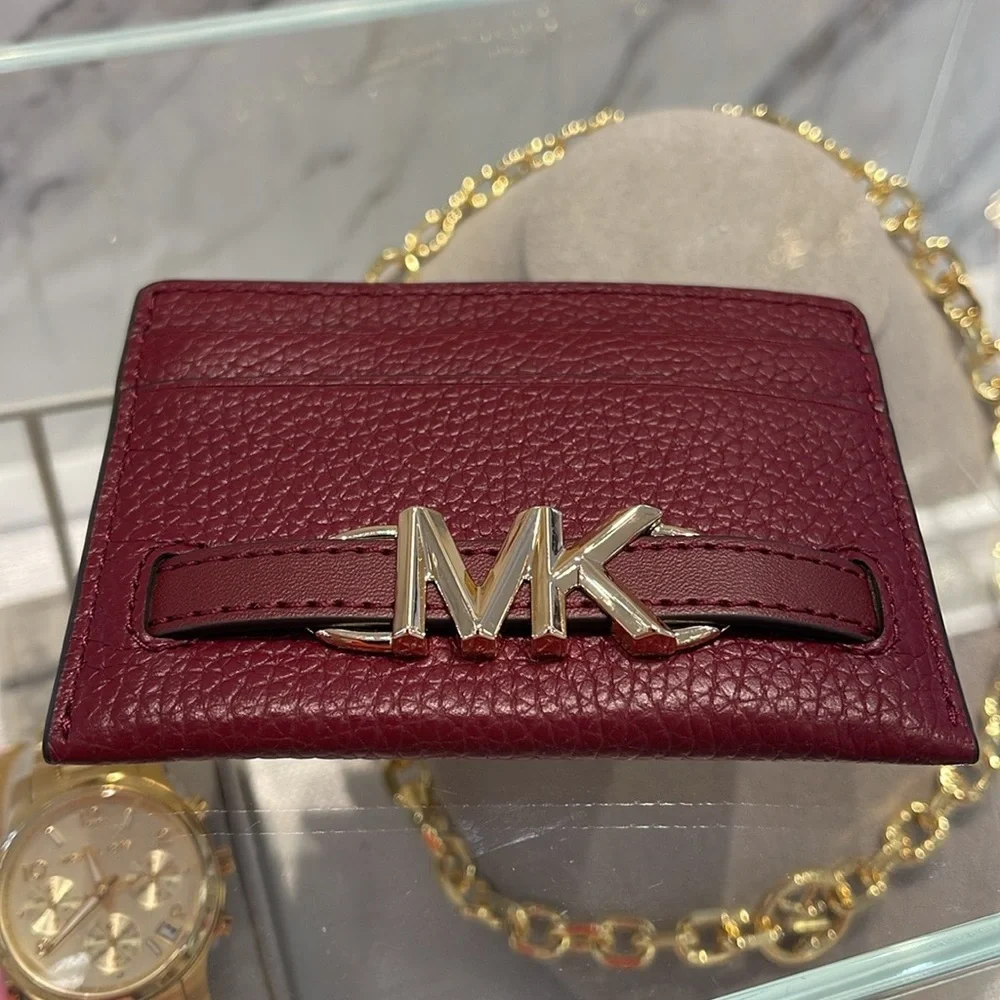 MICHAEL KORS Reed Large Pebbled Leather Card Holder Case Dark Cherry  NWT